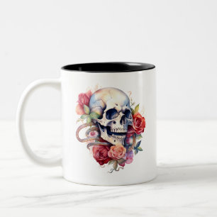 Skull Roses and Snake Watercolor Two-Tone Coffee Mug
