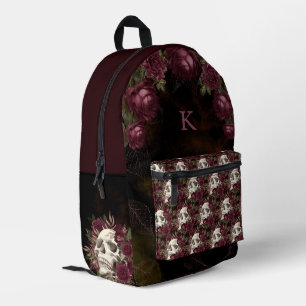 Skull Roses Burgundy Black Pattern Personalised Printed Backpack