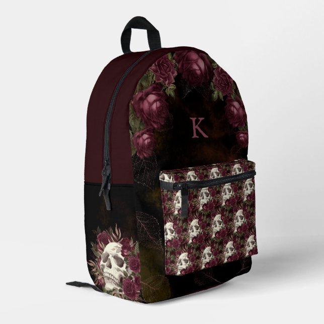 Skull Roses Burgundy Black Pattern Personalised Printed Backpack (Back Corner Left)