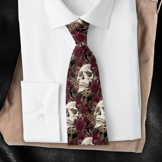 Skull Roses Burgundy Black Pattern Tie (Creator Uploaded)
