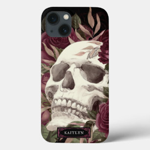 Skull Roses Burgundy Black Personalised iPhone 13 Case