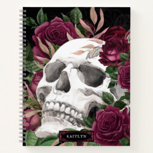 Skull Roses Burgundy Black Personalised Notebook
