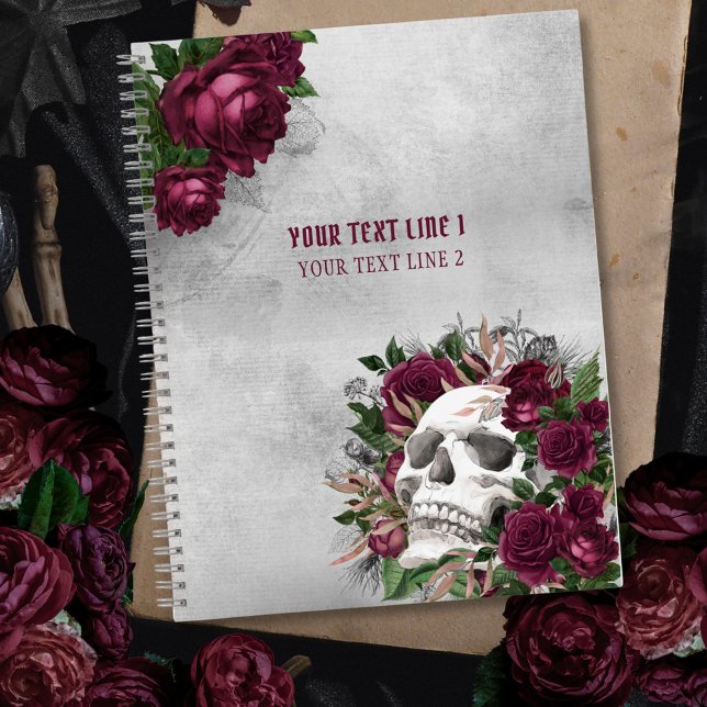 Skull Roses Burgundy Grey Grunge Personalised Notebook (Creator Uploaded)