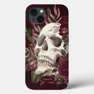Skull Roses Burgundy Personalised iPhone 13 Case