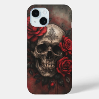 Skull Roses – Dark Floral Gothic Illustration iPhone 15 Case