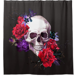Skull & Roses: Dark Floral Watercolor. Shower Curtain