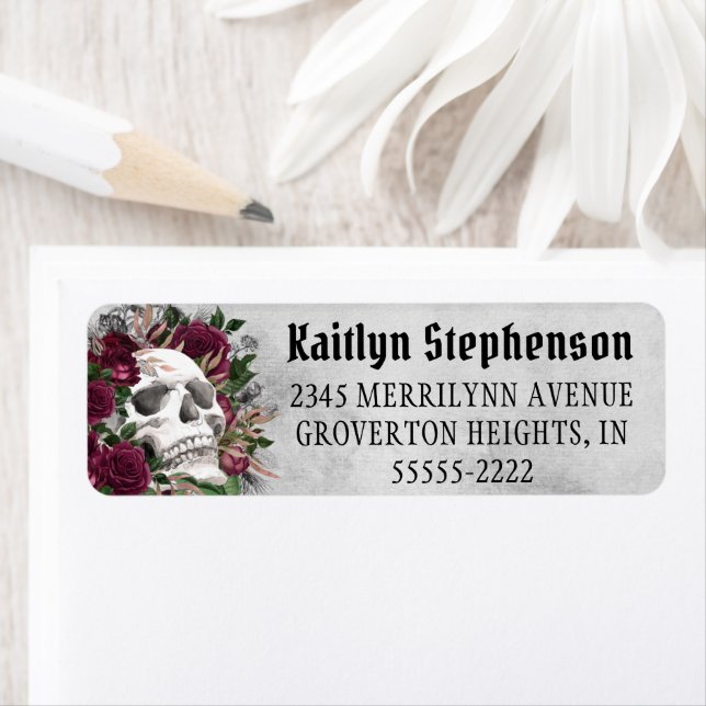 Skull Roses Gothic Burgundy Maroon Grey Label (Insitu)