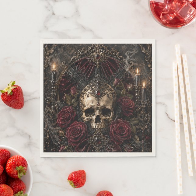 Skull & Roses Halloween Cocktail Napkin (Insitu)
