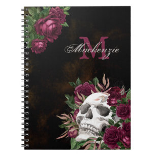 Skull Roses Monogram Name Burgundy Dark Grunge Notebook