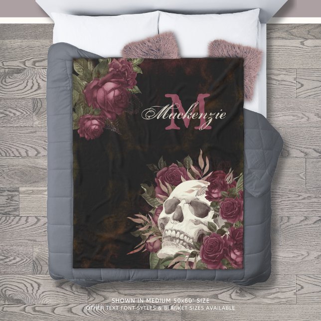 Skull Roses Monogram Name Burgundy Grunge Dark Fle Fleece Blanket (Creator Uploaded)