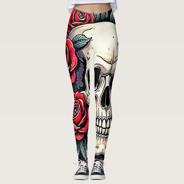 Skull Roses Tattoo Art Leggings (Front)
