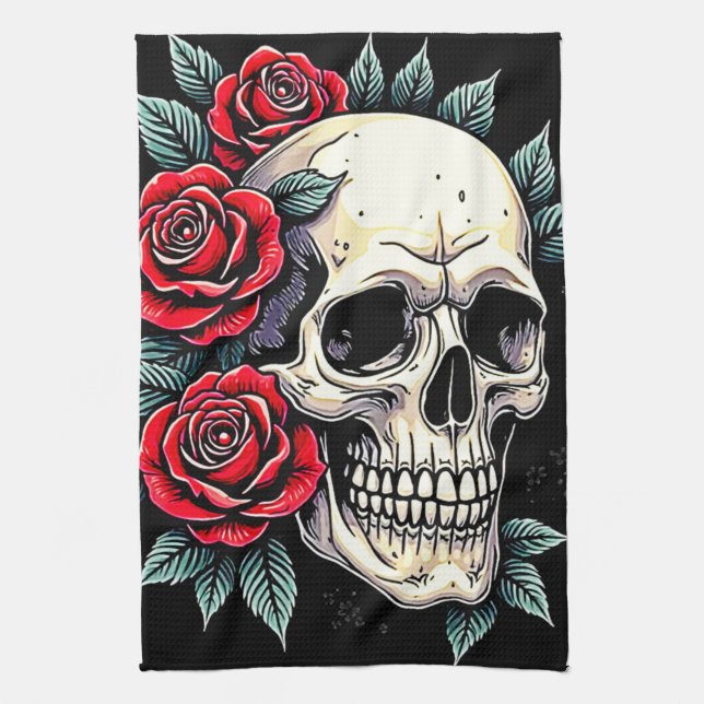 Skull Roses Tattoo Art Tea Towel (Vertical)