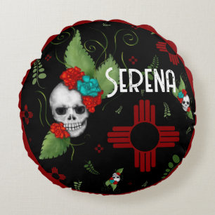 Skull Roses Zia Sun Greenery Black New Mexico Round Cushion