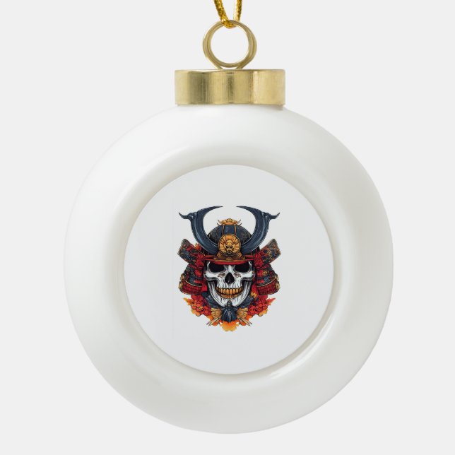 Skull Samurai Mask Ceramic Ball Christmas Ornament (Front)