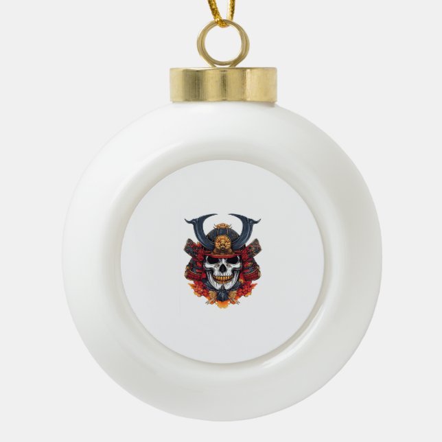 Skull Samurai Mask Ceramic Ball Christmas Ornament (Front)