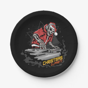 skull santa claus with christmas jacket and hat at paper plate