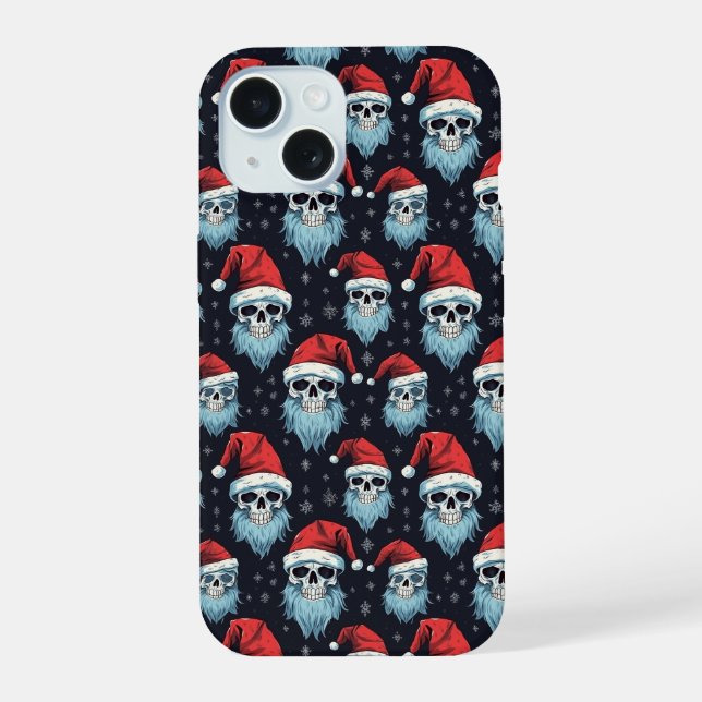 Skull Santa Gothic Christmas Blue Beard Pattern iPhone 15 Case (Back)