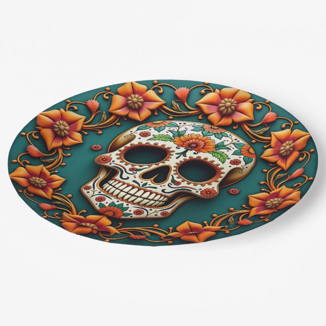 💀🎉Skull & Serve, the Día de los Muertos Paper Plate (Angled)