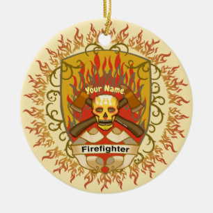 Skull Shield Firefighter  Ceramic Tree Decoration