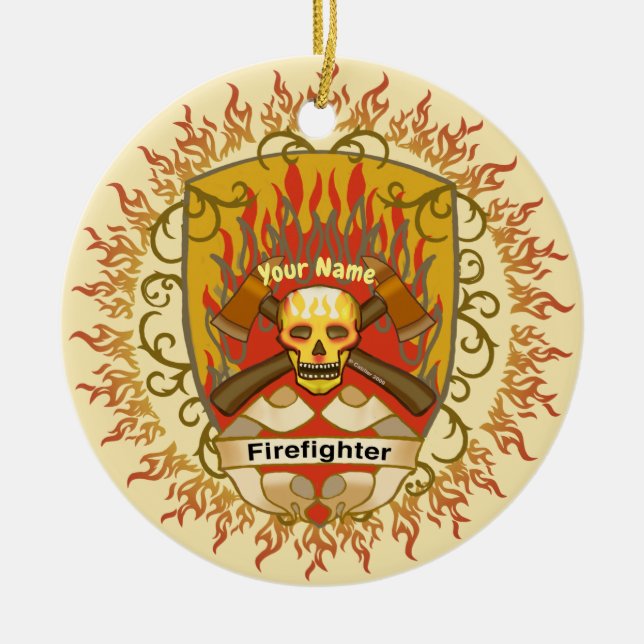 Skull Shield Firefighter  Ceramic Tree Decoration (Front)