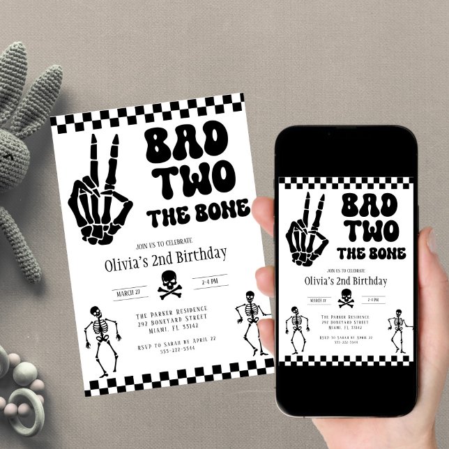 Skull Skeleton Bad to the Bone 2nd Birthday  Invitation (Creator Uploaded)