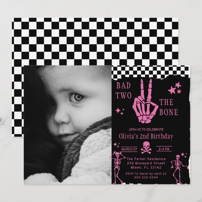 Skull Skeleton Bad to the Bone 2nd Birthday  Invitation (Front/Back)