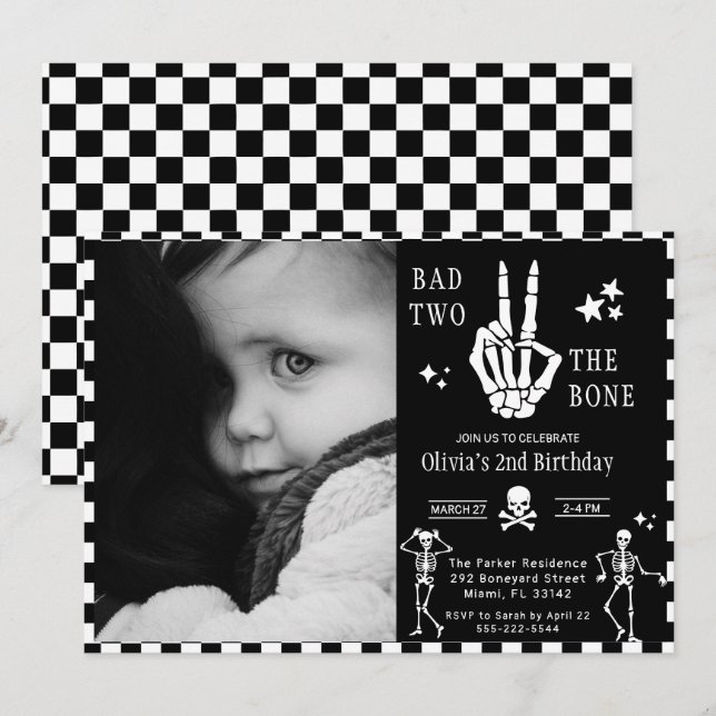Skull Skeleton Bad to the Bone 2nd Birthday  Invitation (Front/Back)
