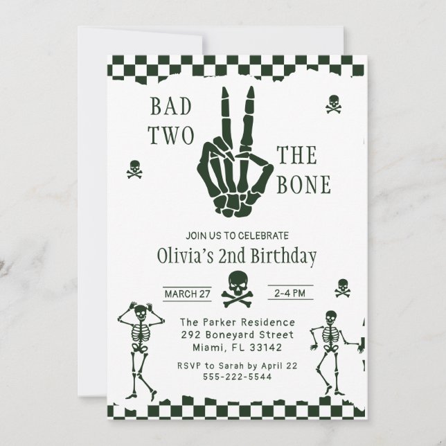 Skull Skeleton Bad to the Bone 2nd Birthday  Invitation (Front)