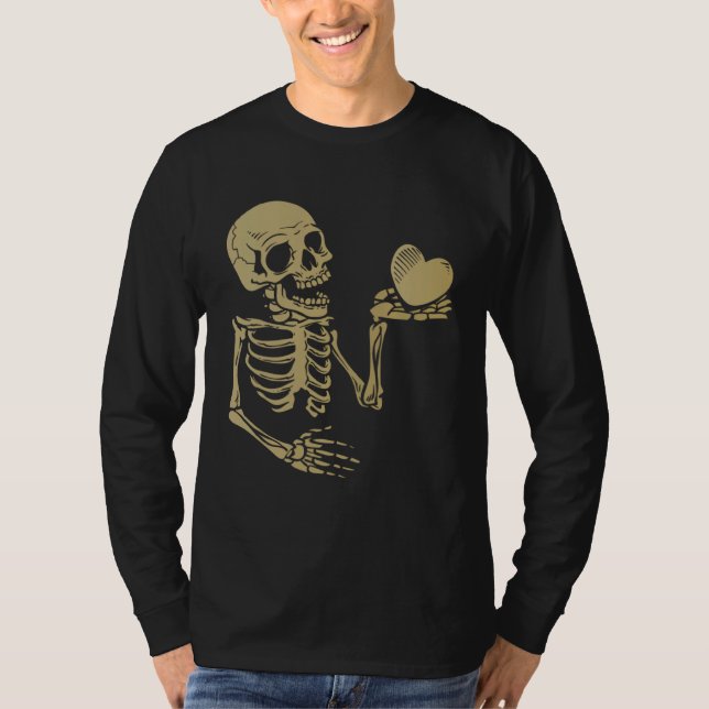 Skull Skeleton Hand Holding Red Heart Love T-Shirt (Front)