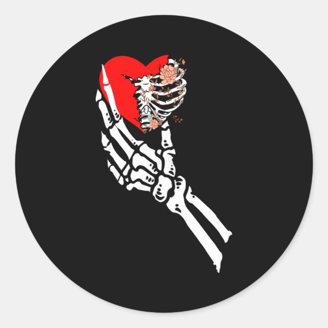 Skull Skeleton Hand Holding Red Heart Love Valenti Classic Round Sticker (Front)