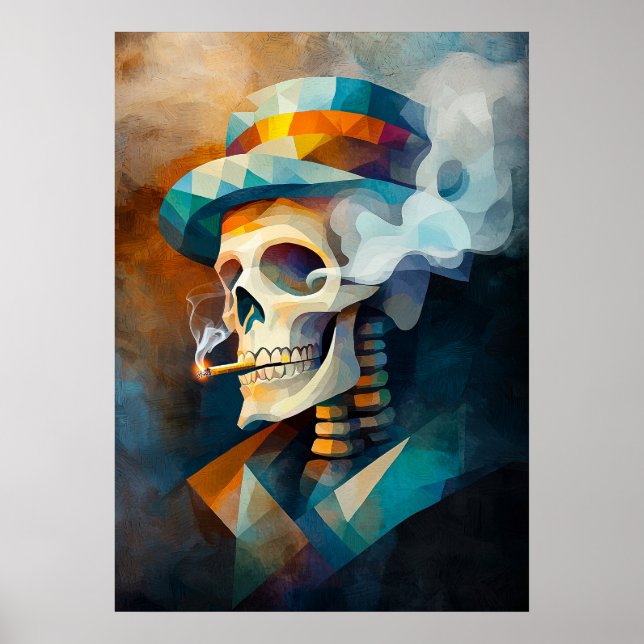 Skull Smoking a Cigarette - Cubist Minimalist Poster (Front)
