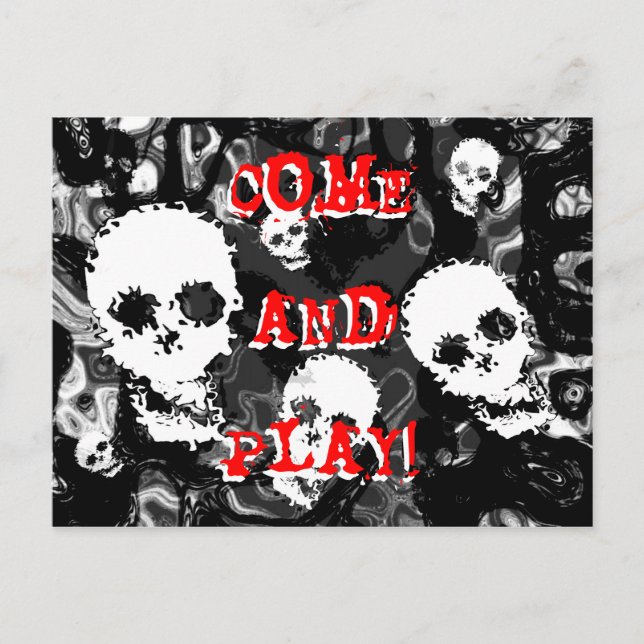 Skull Spectres B&W red 'Come and Play!' postcard (Front)