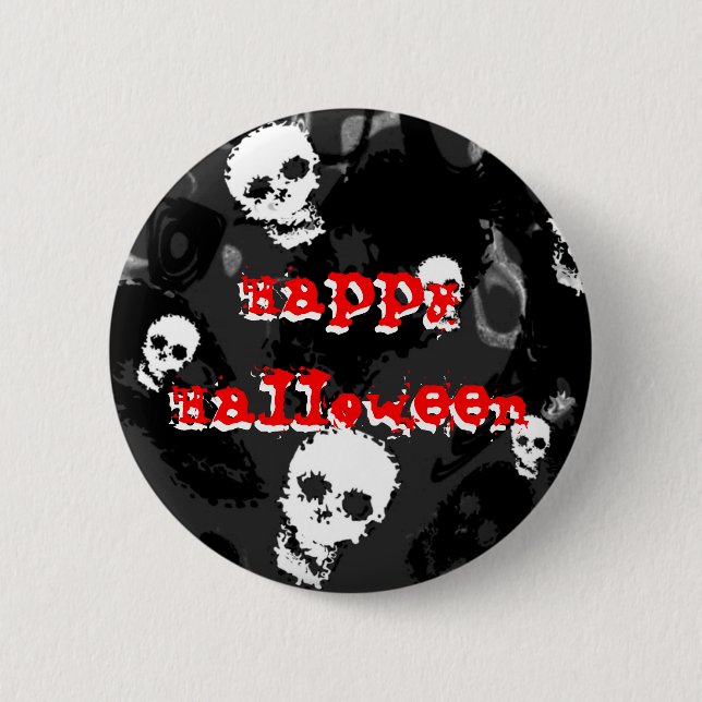 Skull Spectres B&W red  'Happy Halloween' button (Front)