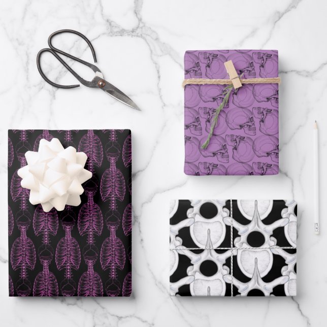Skull & Spine Bones Purple Wrapping Paper Sheets (Front)