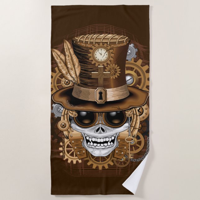 Skull Steampunk Voodoo Retro Machine Beach Towel (Front)