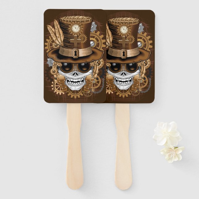 Skull Steampunk Voodoo Retro Machine Hand Fan (Front and Back)