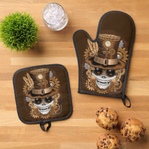 Skull Steampunk Voodoo Retro Machine Oven Mitt & Pot Holder Set