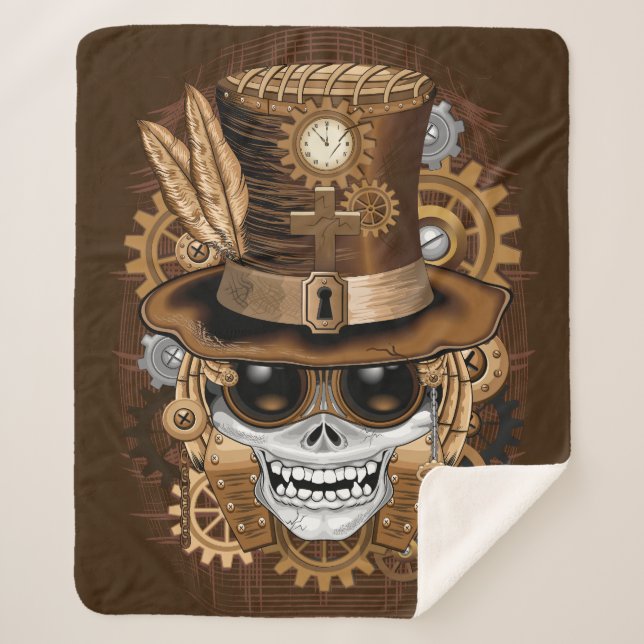 Skull Steampunk Voodoo Retro Machine Sherpa Blanket (Front)