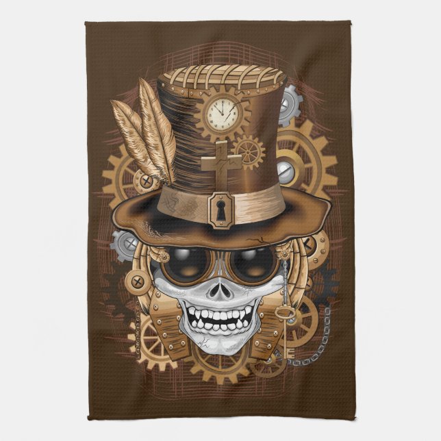 Skull Steampunk Voodoo Retro Machine Tea Towel (Vertical)