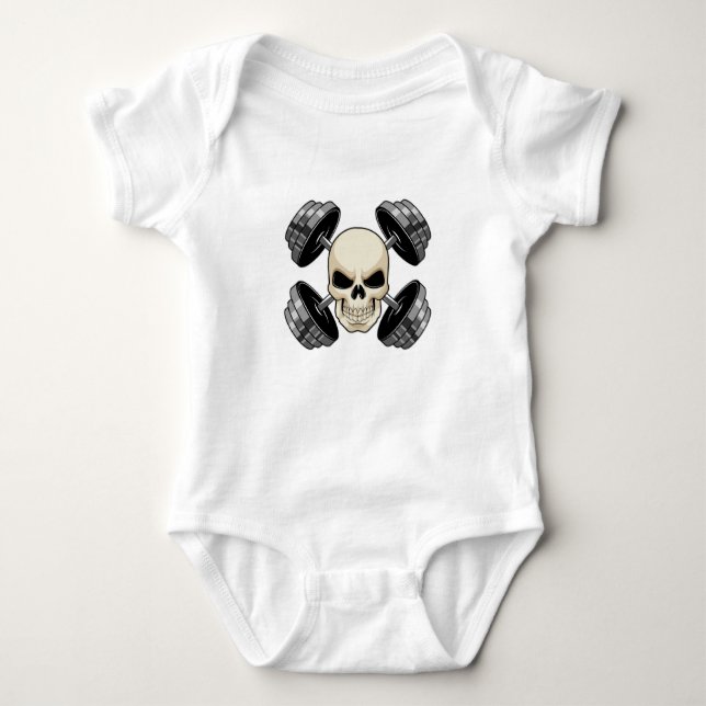Skull Strength training Dumbbells Baby Bodysuit (Front)