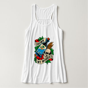 Skull & Sunset Tropical Tattoo   Unique Gift Idea Singlet