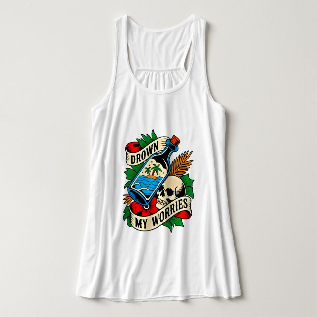 Skull & Sunset Tropical Tattoo | Unique Gift Idea Singlet (Design Front)