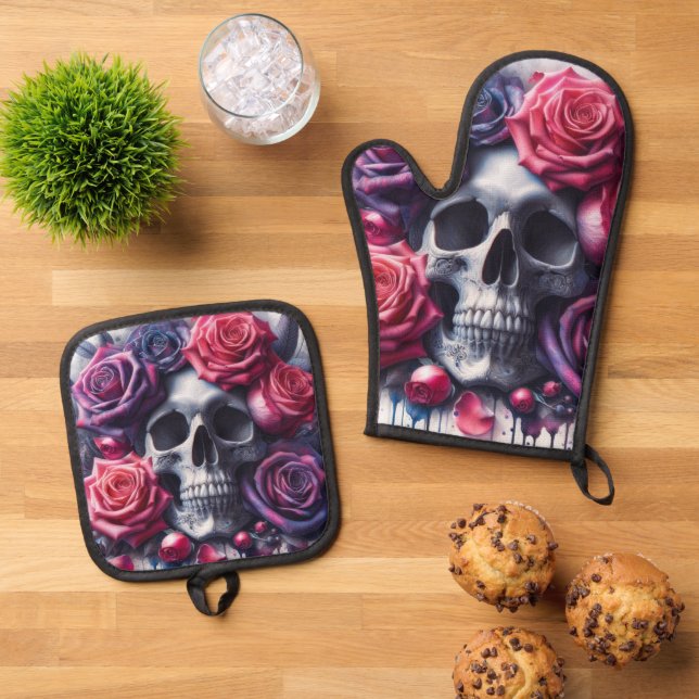 Skull Surrounded by Vibrant Roses Oven Mitt & Pot Holder Set (Top Down)