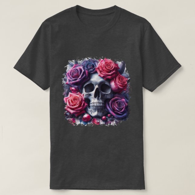 Skull Surrounded by Vibrant Roses T-Shirt (Design Front)
