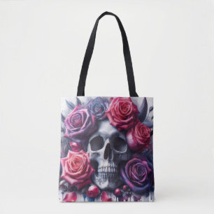 Skull Surrounded by Vibrant Roses Tote Bag