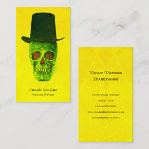Skull Tattoo Artist Neon Green Yellow Vintage Business Card