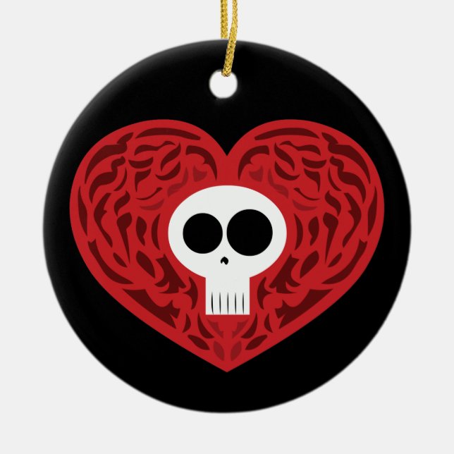 Skull Tattoo Heart Ceramic Tree Decoration (Front)
