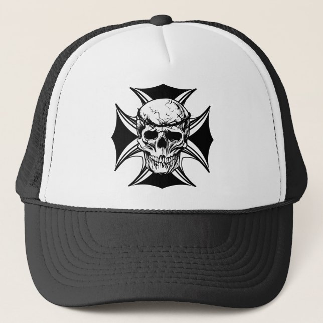  Skull thorn crown cross illustration art Trucker Hat (Front)