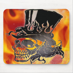 Skull Top Hat Flames & Roses Mousepad