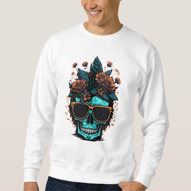 Skull Turquoise Orange Flowers Sweatshirt (Front)